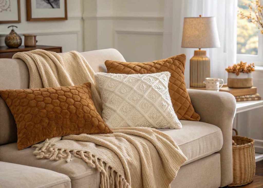  Super soft teddy bear textured throw pillows in caramel and cream on a cozy sofa, warm living room with blanket draped over, low warm lighting, cozy autumn atmosphere, interior lifestyle photography.