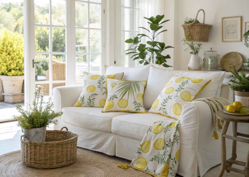Yellow lemon print throw pillows on a white slipcovered sofa, bright airy living room, natural light, rattan and linen textures surrounding, Mediterranean-inspired fresh interior photography.