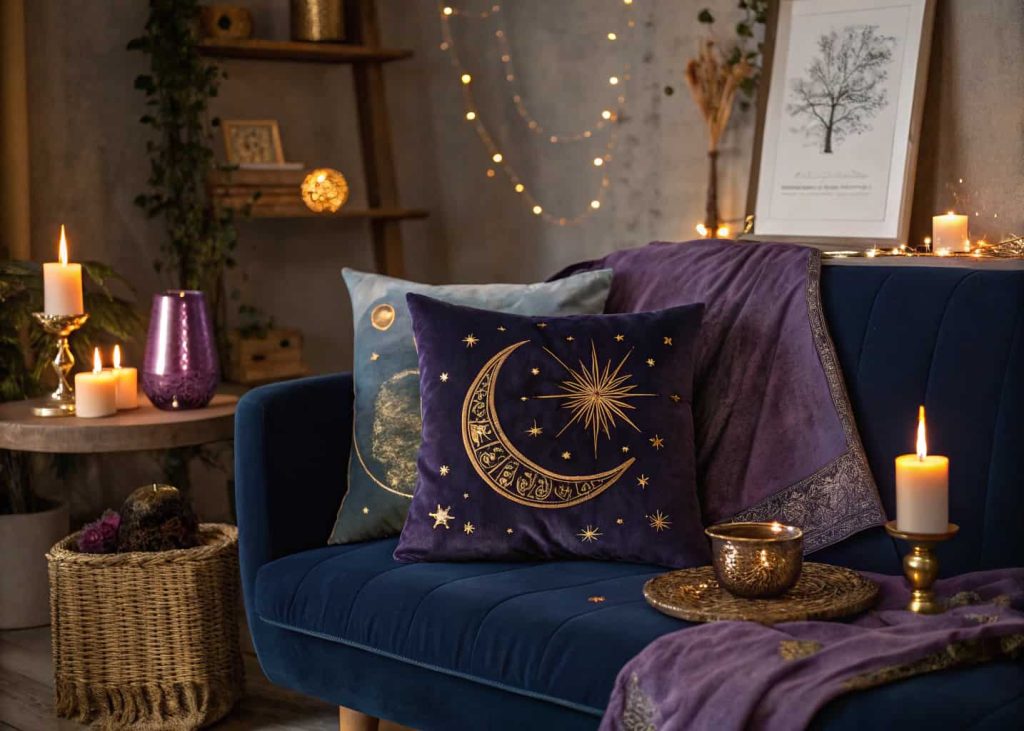 Celestial moon and stars embroidered velvet throw pillow on a deep indigo sofa, moody boho living room with warm candlelight, gold and purple tones, mystical dreamy atmosphere, interior photography.