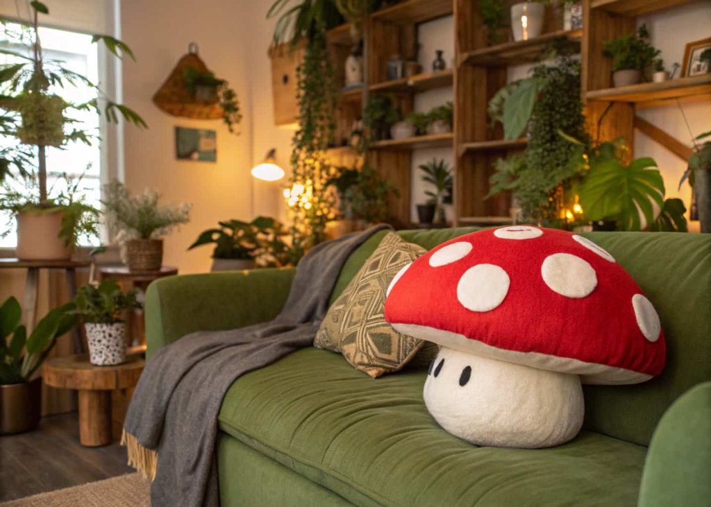 Red and white mushroom-shaped novelty pillow on an olive green sofa, earthy cottagecore living room with plants and wood decor, warm golden light, whimsical nature-inspired interior photography.