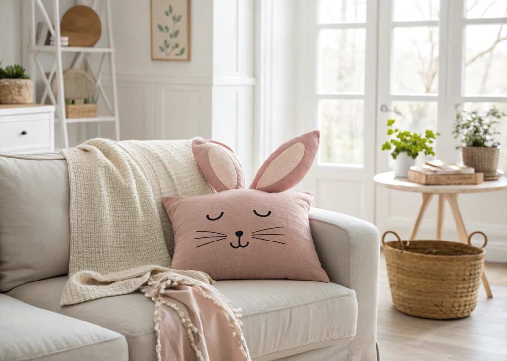 Soft dusty rose bunny ear throw pillow on a neutral linen sofa, minimalist cozy living room, soft natural daylight, Scandi-inspired pastel décor, calm and serene atmosphere, interior lifestyle photography.