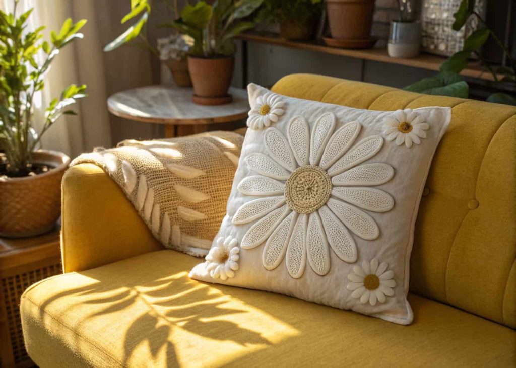  White daisy floral appliqué throw pillow on a mustard yellow sofa, boho vintage living room with warm sunlight, textured layered cushion arrangement, handcrafted artisan feel, close-up lifestyle interior photography.