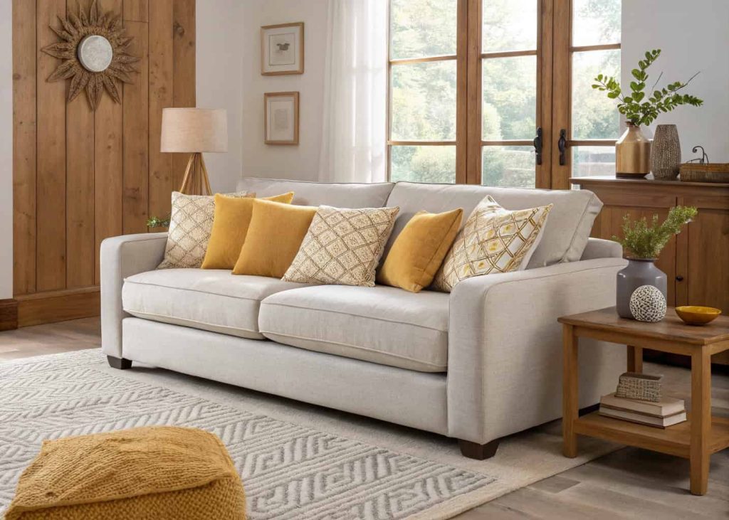 A light gray sofa with ivory, warm beige, and mustard yellow throw pillows arranged beautifully, neutral living room with wooden accents and soft natural lighting, cozy modern interior design, lifestyle photography.