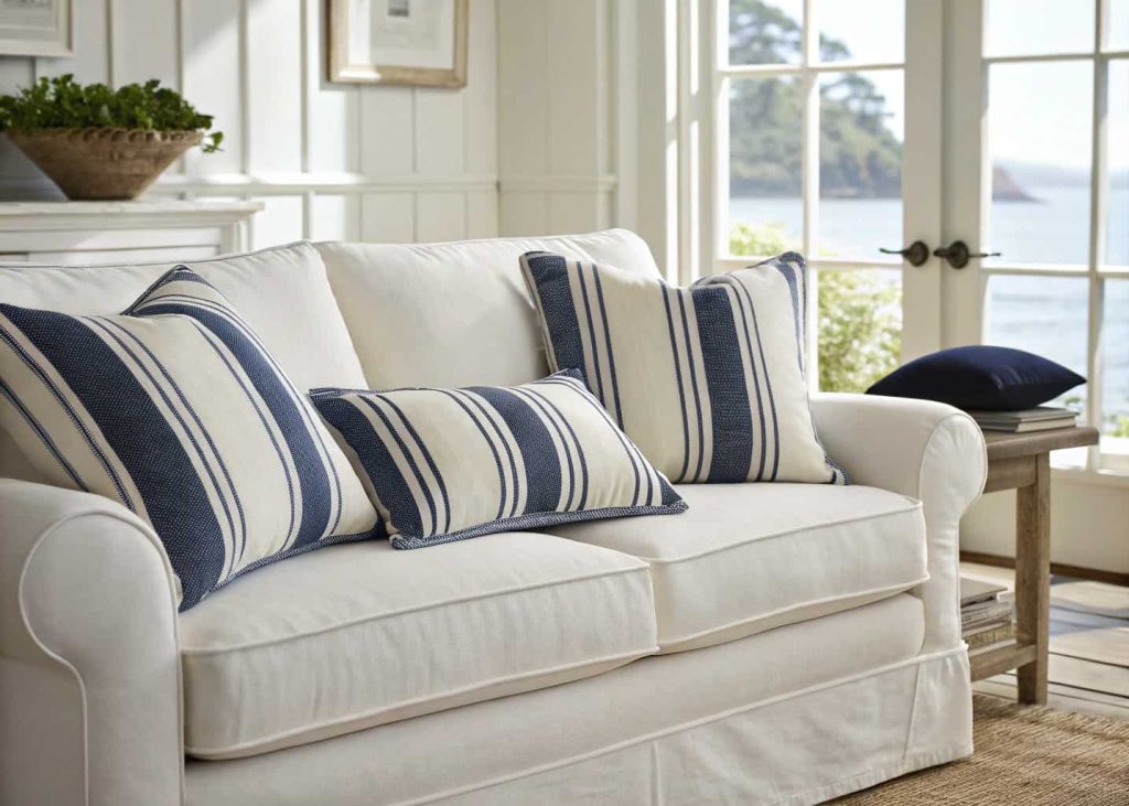 A white linen sofa with navy blue and white striped throw pillows, solid cream pillows, and a small navy velvet accent pillow, bright coastal living room, clean and timeless interior photography, natural daylight.