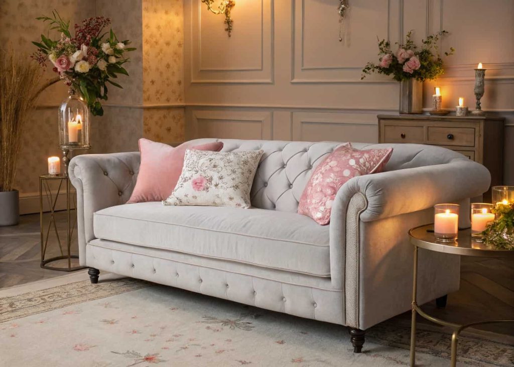 A light gray velvet sofa with blush pink, dusty rose, and warm white throw pillows, one pillow with a delicate floral pattern, soft romantic living room setting, warm ambient lighting, editorial interior design photography.
