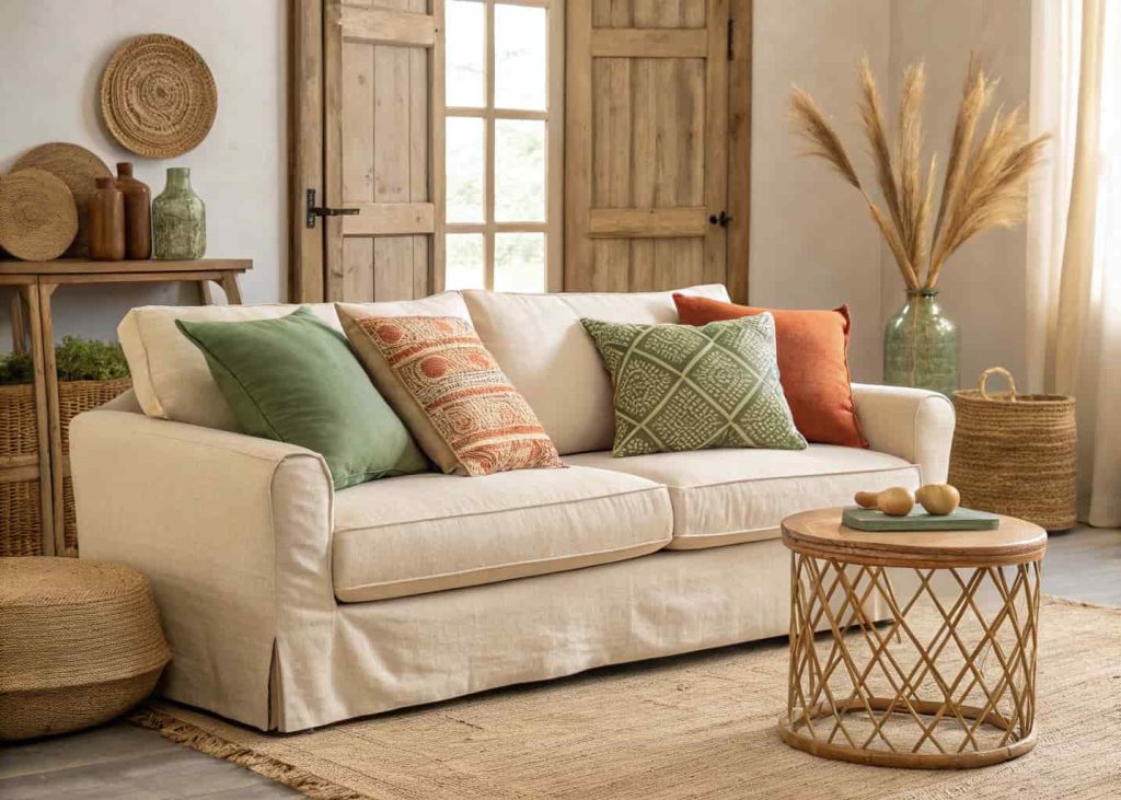 A cream linen sofa with terracotta, sage green, and oatmeal throw pillows, natural rattan side table and wooden accents in background, earthy boho living room, warm afternoon light, lifestyle interior photography.