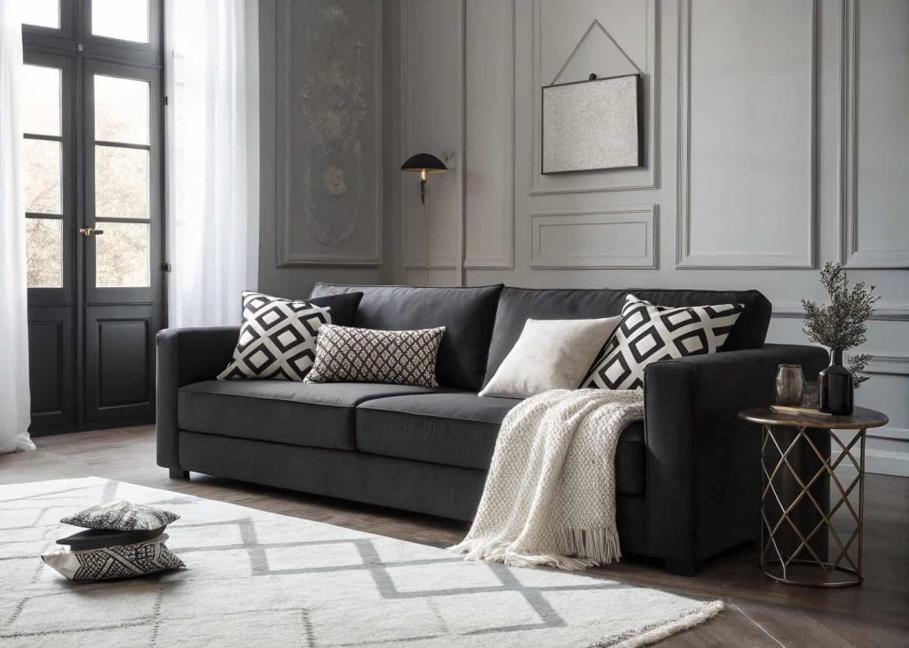 A dark charcoal sofa with black and white geometric print pillows, soft gray boucle pillow, and crisp white textured throw pillow, minimalist modern living room, clean lines, dramatic lighting, high-end interior design photography.