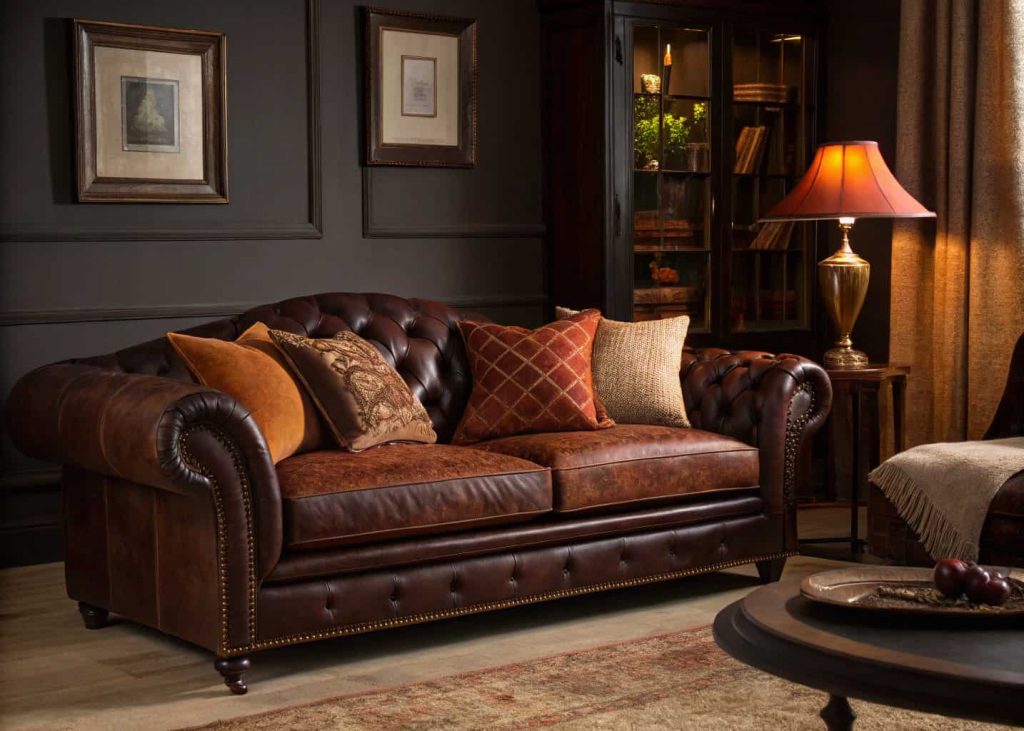 A dark brown leather sofa with rust, camel, and chocolate brown throw pillows in mixed textures including velvet and linen, warm and moody living room, amber lamp light, rich cozy interior design photography.