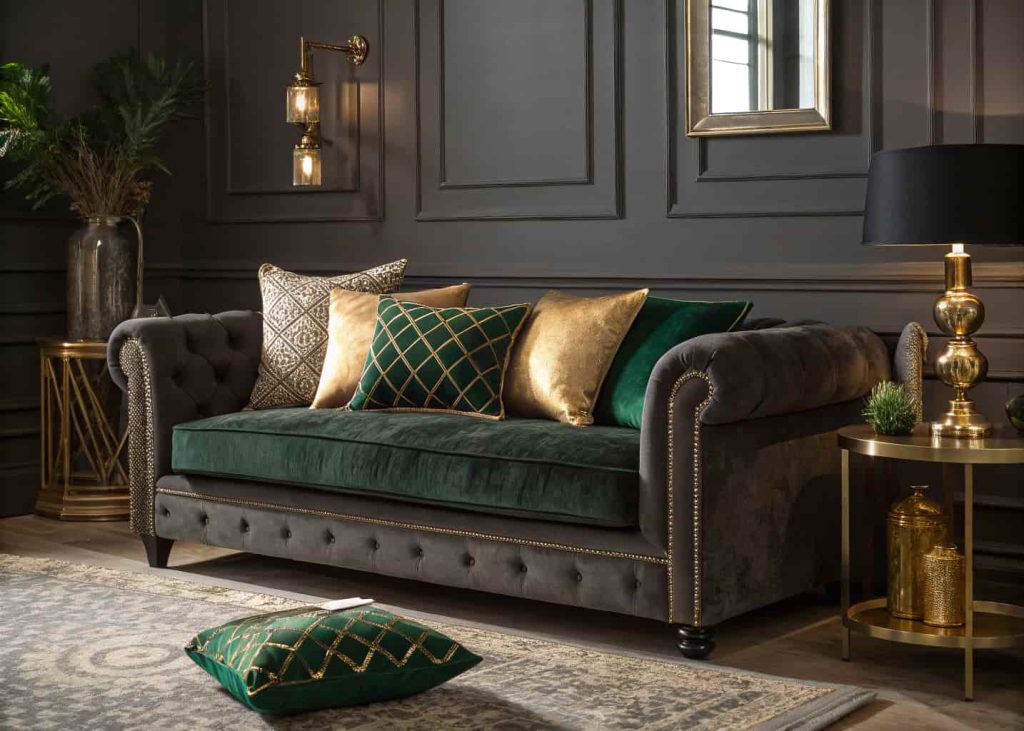 A charcoal or ivory sofa with deep forest green velvet throw pillows, gold and champagne accent pillows, elegant and luxurious living room setting, moody rich lighting, interior design editorial photography.