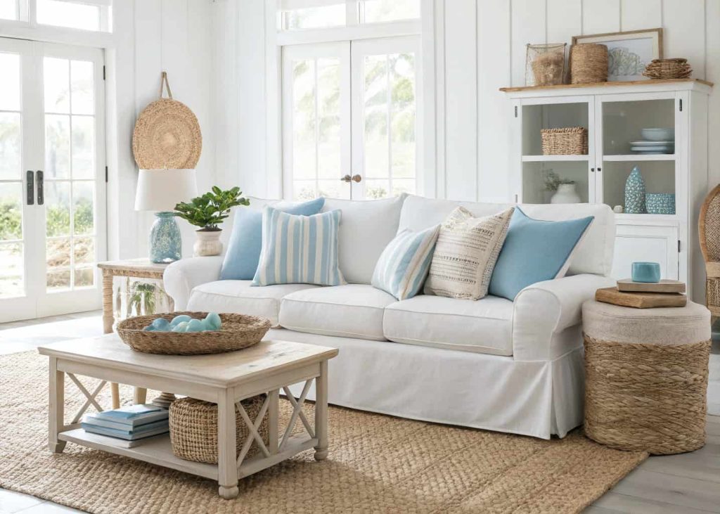 A white slipcovered sofa with sky blue linen pillows, sandy beige and warm white throw pillows, coastal inspired living room with light wood furniture and natural fiber rug, bright and airy interior photography.