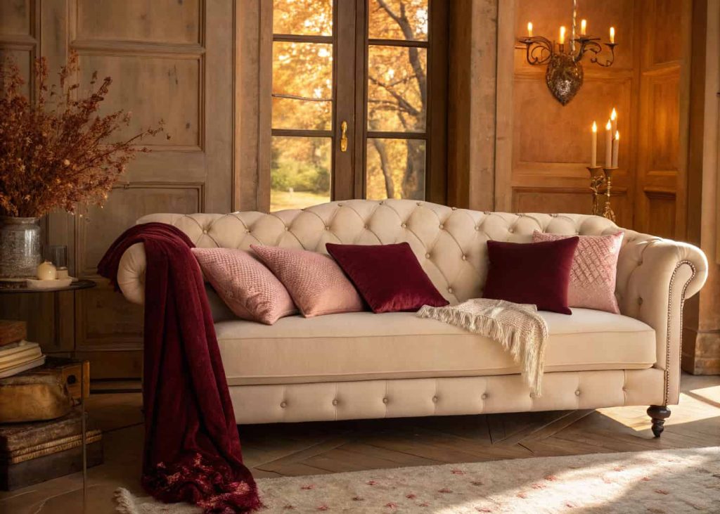  A cream tufted sofa with deep burgundy velvet pillows, soft blush pink pillows, and ivory throw pillows, elegant autumn-inspired living room, warm golden hour light, rich and romantic interior design photography.
