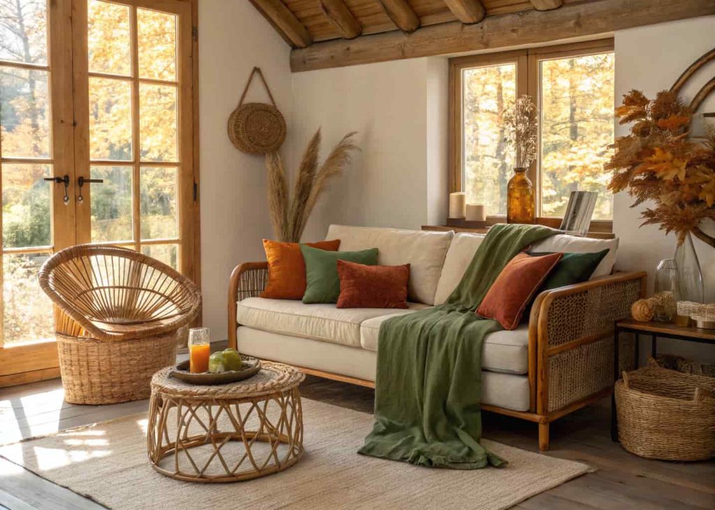 A natural linen sofa with olive green, burnt orange, and undyed natural linen throw pillows, boho living room with rattan furniture and warm wooden tones, soft autumn sunlight, cozy lifestyle interior photography.