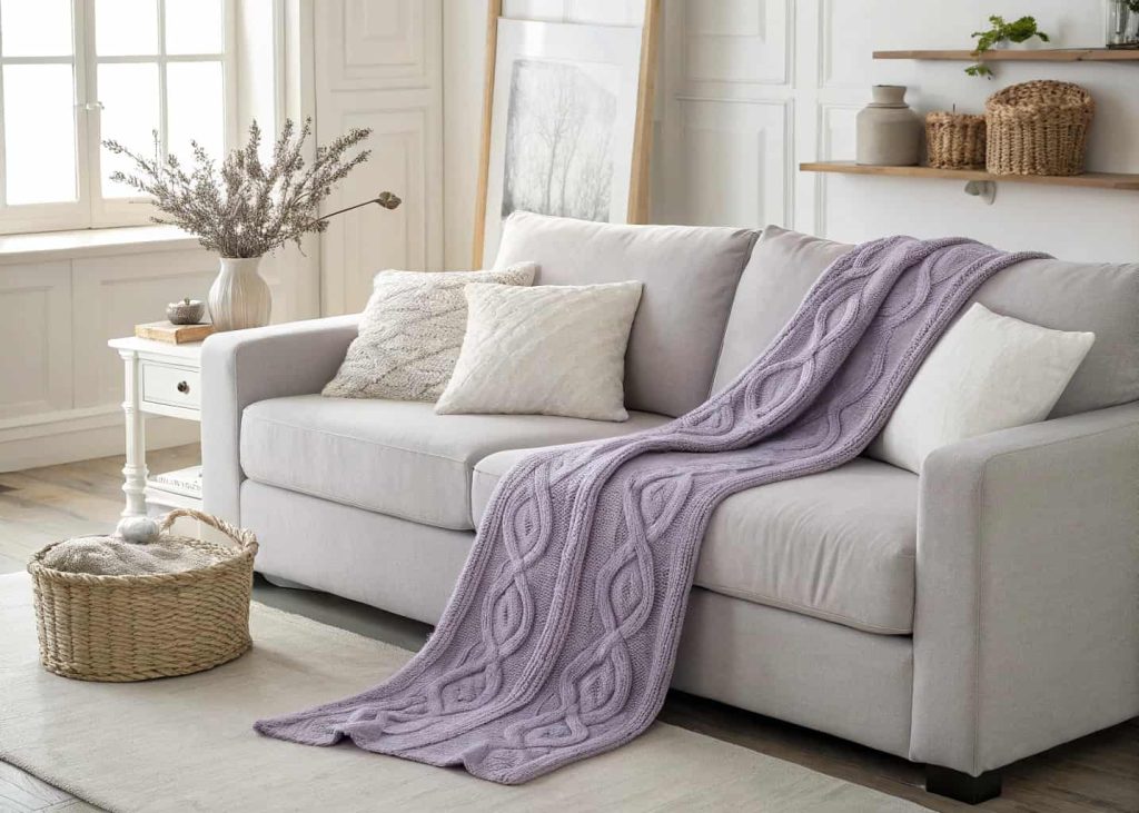 A pale gray sofa with lavender, soft gray cable-knit, and crisp white throw pillows, serene and minimal living room, soft diffused natural light, calming spa-inspired interior design photography.