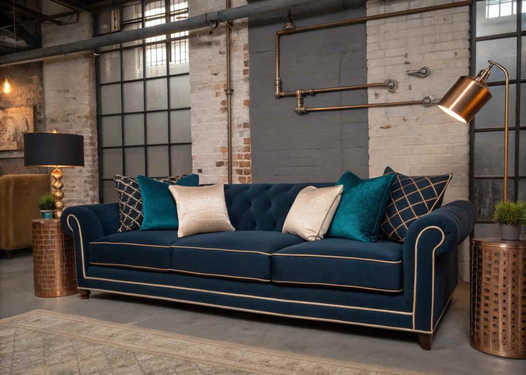 A dark navy or cream sofa with bold teal velvet throw pillows and warm copper metallic accent pillows, modern urban living room with industrial touches, dramatic and stylish interior photography, evening lighting.