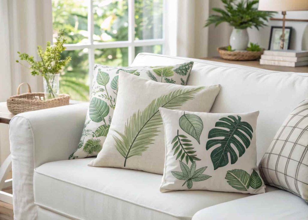 A white sofa with multiple botanical and leaf print throw pillows in varying scales, all on white and off-white backgrounds, one plain white textured pillow, bright and fresh living room with natural materials, clean natural light interior photography.