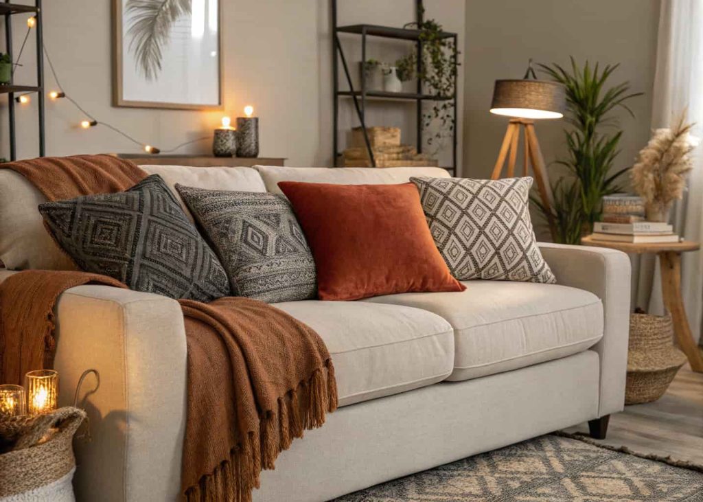 A neutral sofa with charcoal woven throw pillow, rust linen pillow, and caramel velvet lumbar pillow, modern bohemian living room with layered textures and warm ambient lighting, stylish lifestyle interior photography.