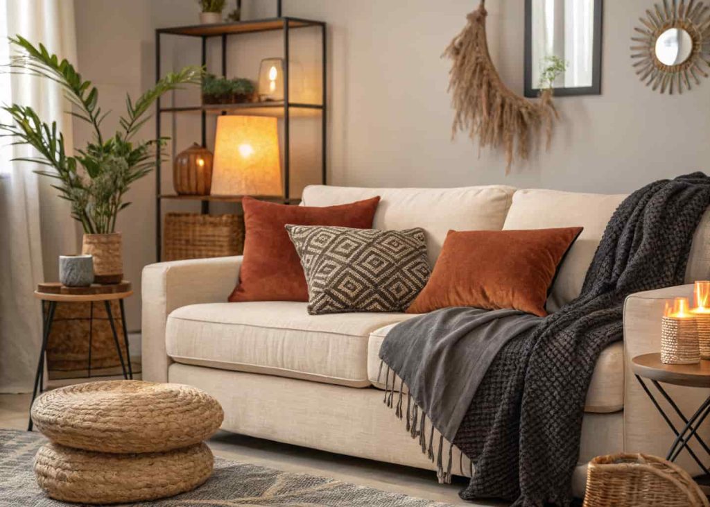 A clean white sofa with vibrant, equally saturated brightly colored throw pillows in cobalt blue, cherry red, sunflower yellow, grass green, and orange, completely neutral and minimal living room background, playful and joyful interior photography, bright and sunny atmosphere.