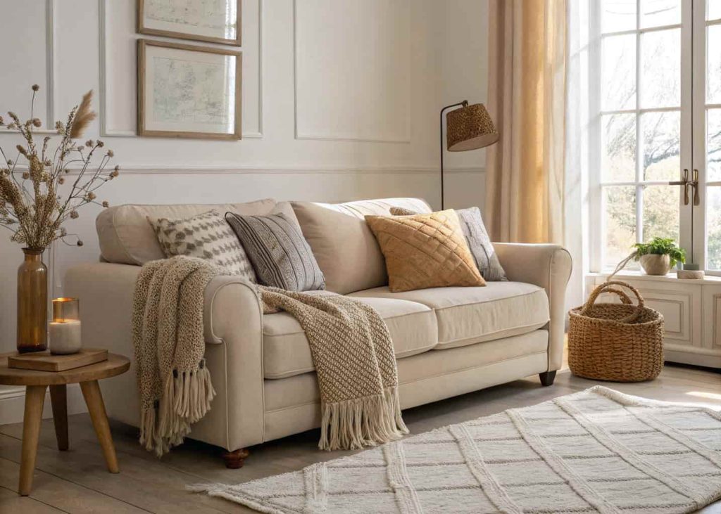 A modern living room sofa styled with velvet, linen, and chunky knit throw pillows in neutral tones of cream, beige, and warm gray, natural light, cozy interior photography