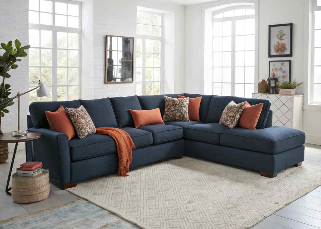 A large modern sectional sofa with oversized 26-inch throw pillows in deep navy and terracotta, styled with smaller accent pillows, bright airy living room, interior design photography