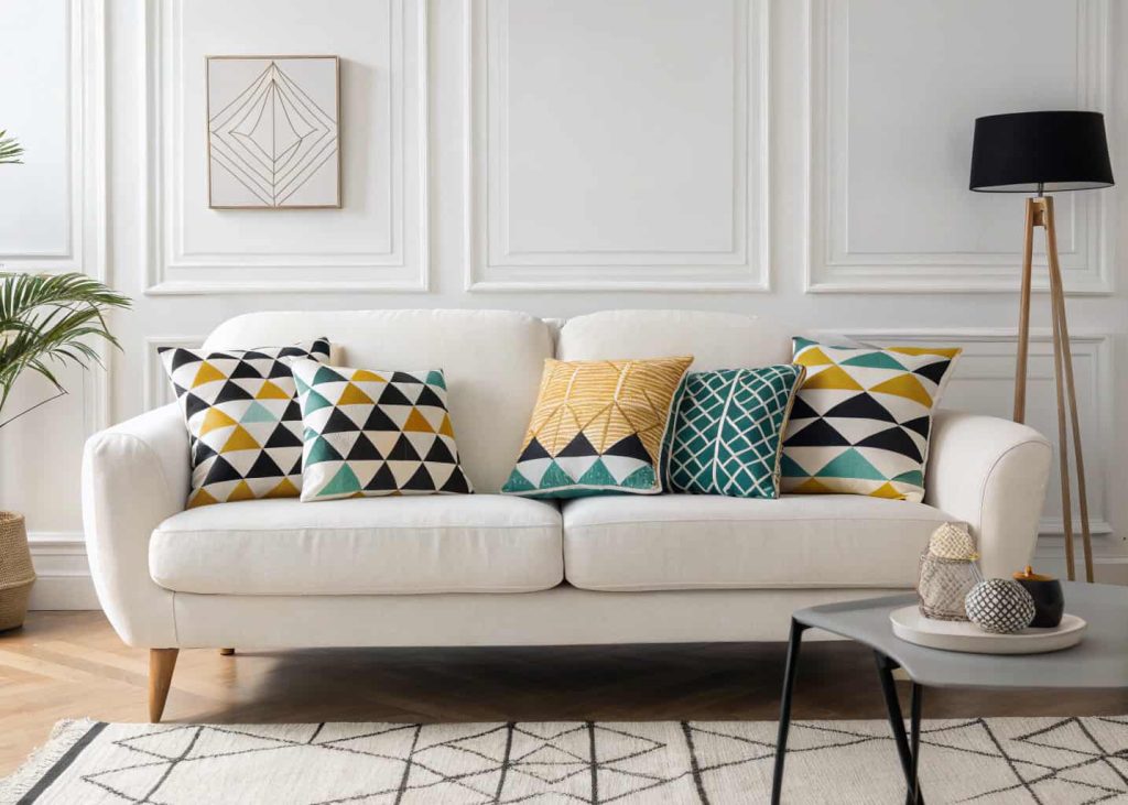 White modern sofa with geometric patterned throw pillows in black and white, teal, and mustard, Scandinavian minimalist living room, clean lines, interior photography