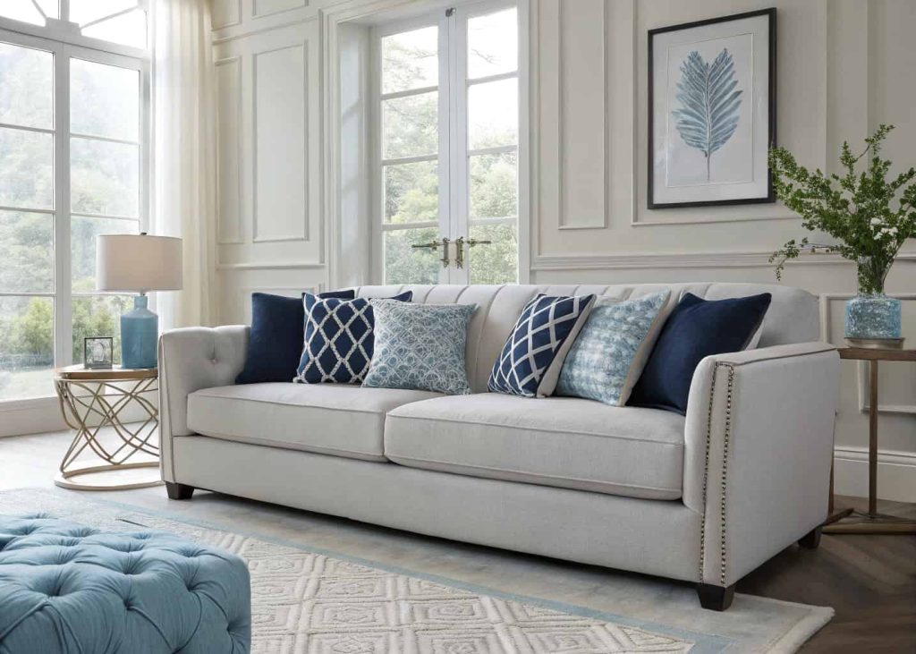 A light gray sofa decorated with monochromatic pillows in various shades of blue from pale sky to deep navy, modern living room, elegant interior styling photography