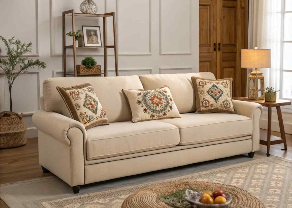 A beige linen sofa with a decorative embroidered lumbar pillow in the center, surrounded by square throw pillows, warm-toned modern living room, lifestyle interior photography