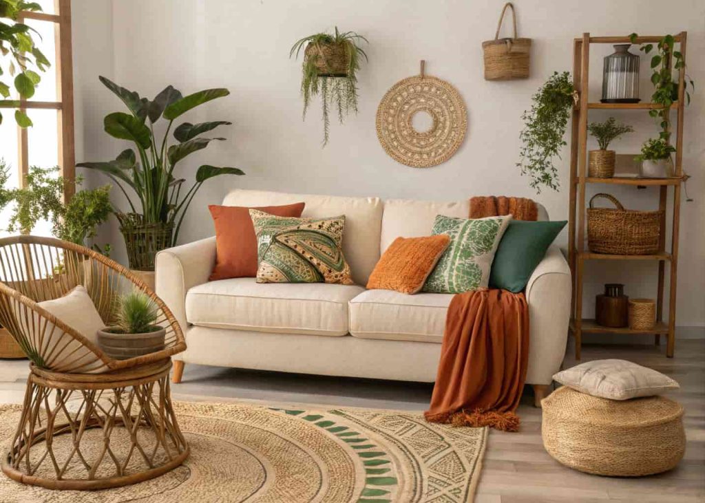 A cream sofa with throw pillows in terracotta, sage green, and warm sand tones, natural rattan furniture, plants, earthy boho-modern living room interior photography