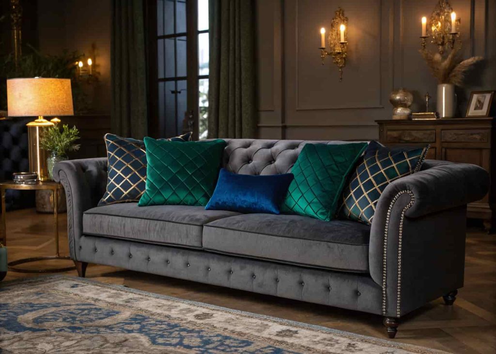 A dark gray sofa styled with jewel-toned velvet throw pillows in emerald green and deep sapphire blue, moody elegant living room, warm ambient lighting, luxury interior photography
