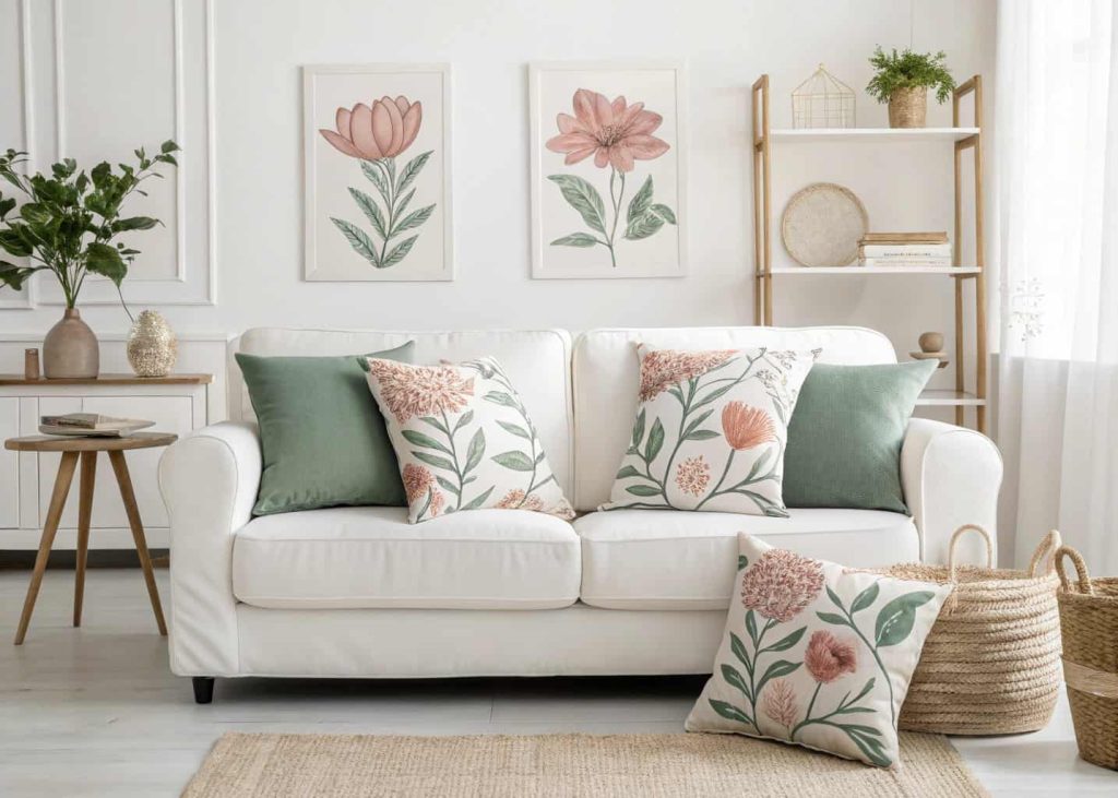 A white linen sofa with large-scale modern botanical floral print throw pillows in dusty rose and sage green, bright Scandinavian-style living room, interior design photography