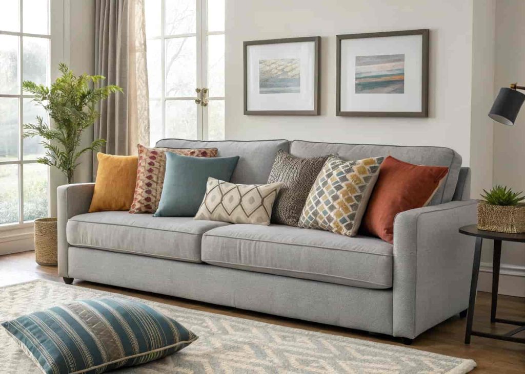 A modern gray sofa with five throw pillows arranged asymmetrically in graduating sizes, layered styling with mixed textures and colors, contemporary living room, interior photography