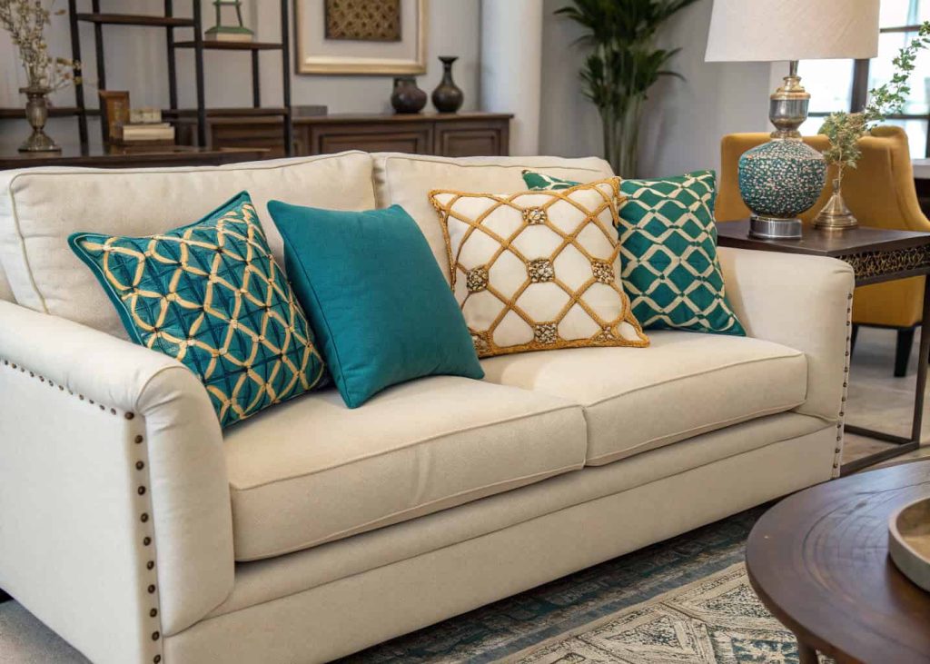 A cream sofa with two bold Moroccan geometric patterned throw pillows as the focal point, surrounded by solid teal and ochre accent pillows, modern eclectic living room interior photography