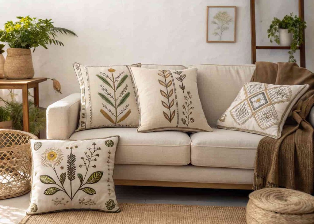 A natural linen sofa with artisan embroidered throw pillows featuring botanical and geometric designs in neutral thread, warm minimal living room, lifestyle interior photography