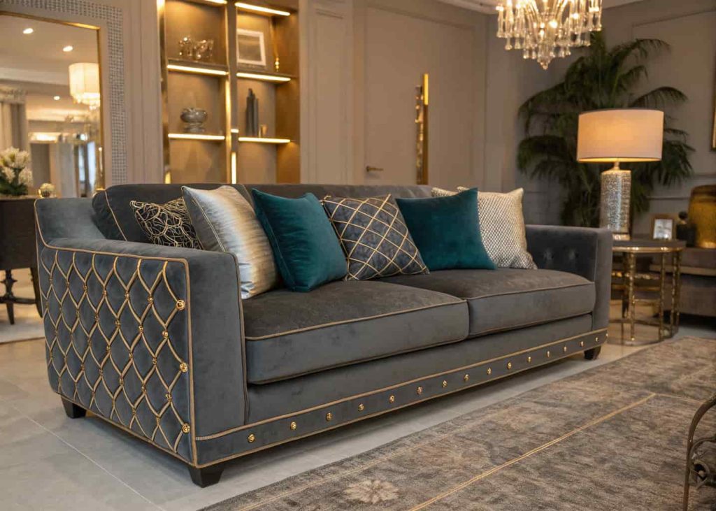 A charcoal gray velvet sofa with gold metallic thread accent throw pillows alongside deep teal solid pillows, glamorous modern living room with warm lighting, interior photography