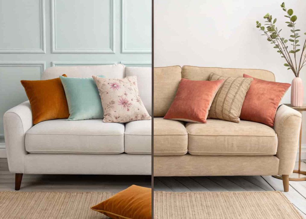 A split image showing the same neutral sofa styled with light pastel spring pillows on one side and warm autumn-toned velvet pillows on the other side, interior design comparison photography