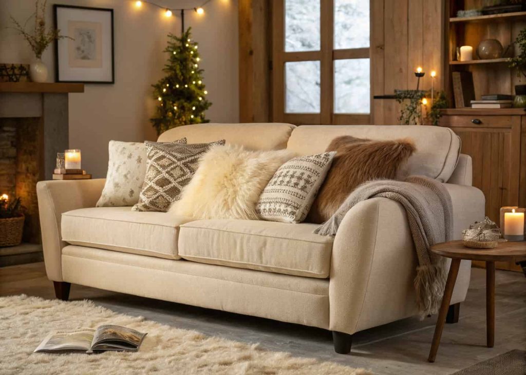 A warm beige sofa with a single cream faux fur throw pillow styled alongside linen and velvet accent pillows, cozy hygge-inspired living room, warm autumn lighting, interior photography