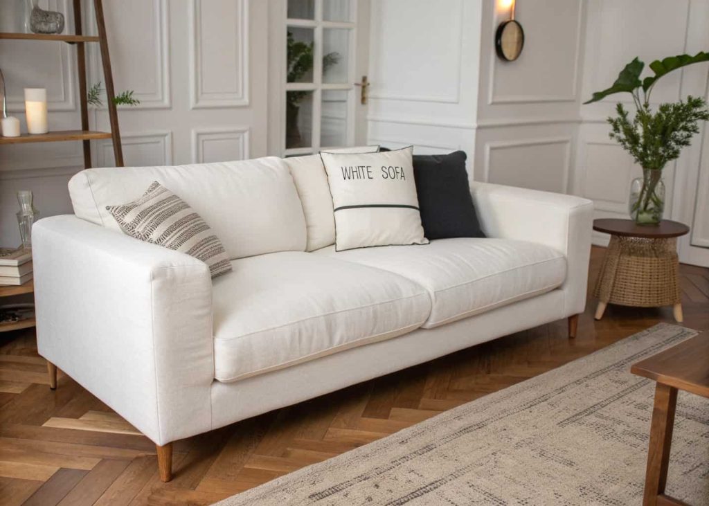 A white sofa with a single minimalist typography quote pillow in clean black text on natural linen, styled with simple solid accent pillows, modern Scandinavian living room interior photography