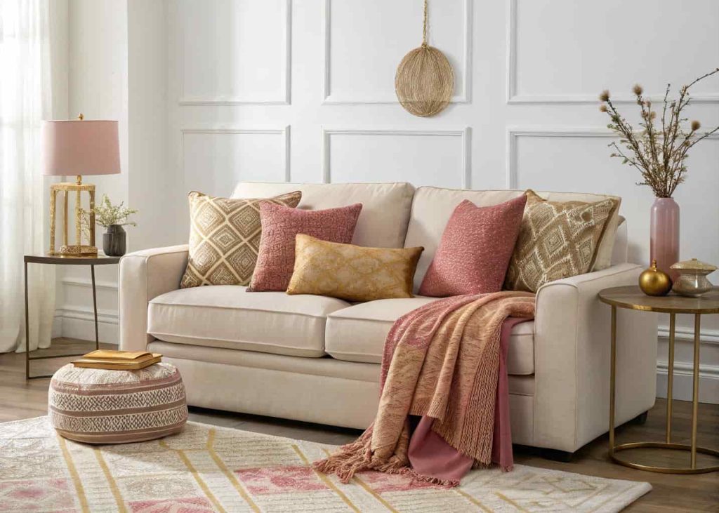 A modern living room with a carefully curated pillow color story in dusty rose, warm white, and antique gold across a neutral sofa, styled with coordinating throw blanket and side table accents, interior photography