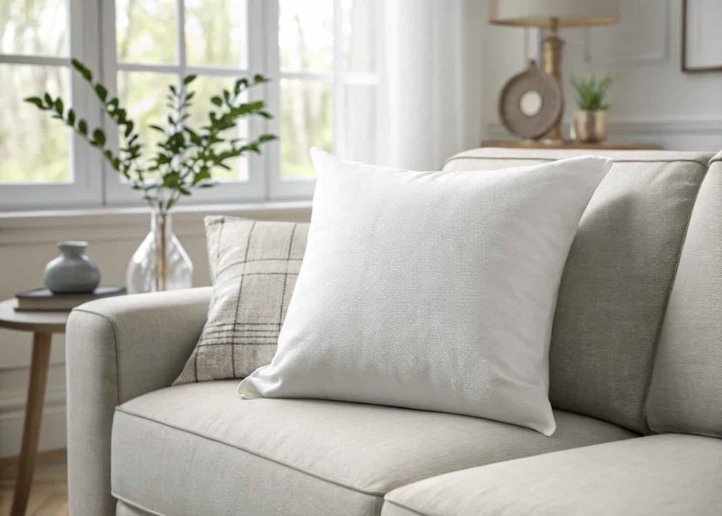 A crisp white linen throw pillow on a light gray sofa, natural light from a window, minimalist Scandinavian living room, cozy and airy atmosphere, soft focus background, product photography style.