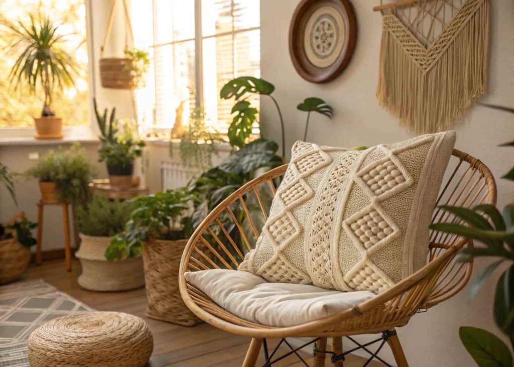  A handwoven macramé throw pillow in cream and tan tones on a rattan chair, warm boho living room with indoor plants and woven wall art, natural earthy lighting, lifestyle photography, afternoon golden light.