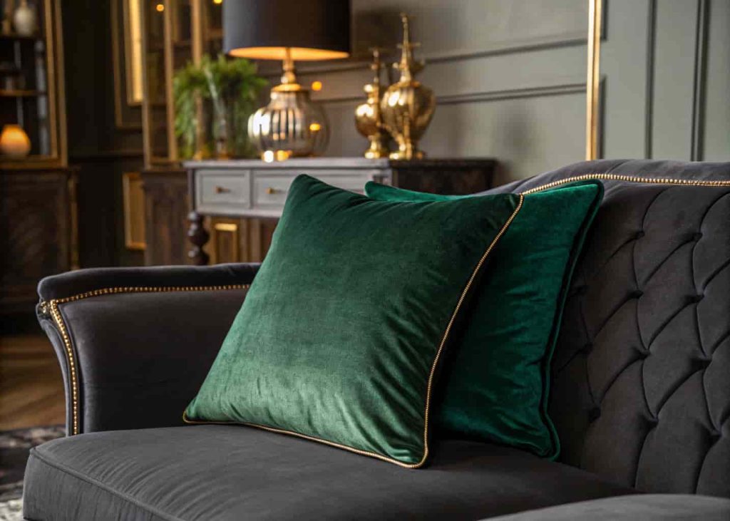  Deep emerald green velvet throw pillow on a dark charcoal sofa, moody elegant living room, warm ambient lighting, gold accents in background, close-up texture shot showing velvet sheen, luxury interior photography.