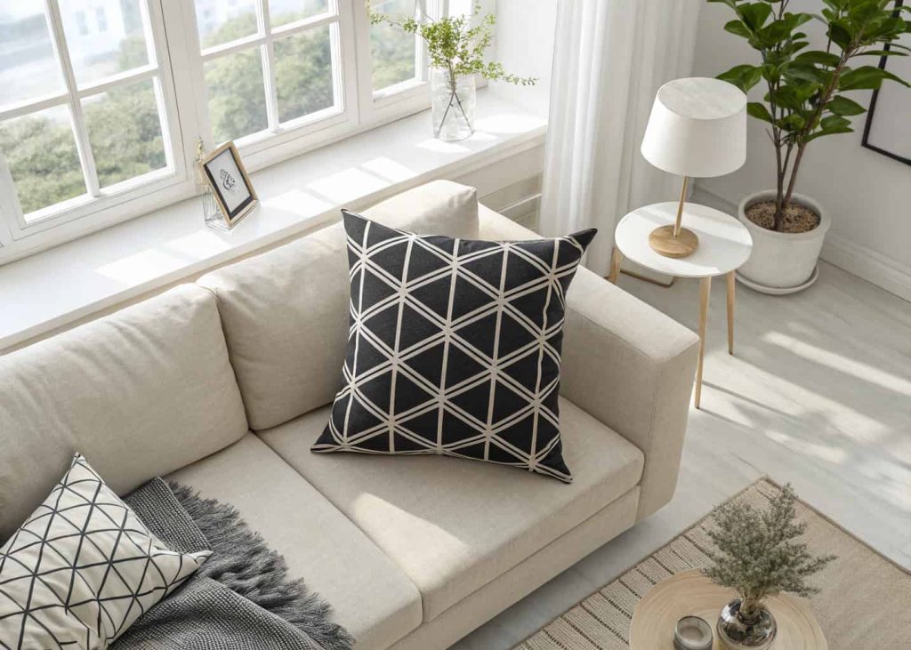  Black and white geometric patterned throw pillow on a beige linen sofa, modern minimalist living room, clean lines, bright natural light, Scandinavian interior design, sharp product photography from above angle.