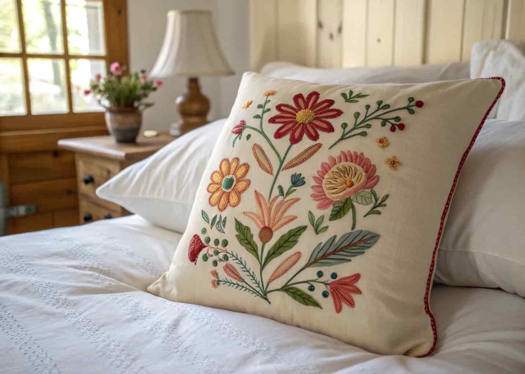 Cream-colored throw pillow with colorful floral embroidery on a bed with white bedding, soft natural light, cottagecore bedroom aesthetic, close-up showing embroidery detail and texture, warm and cozy atmosphere.