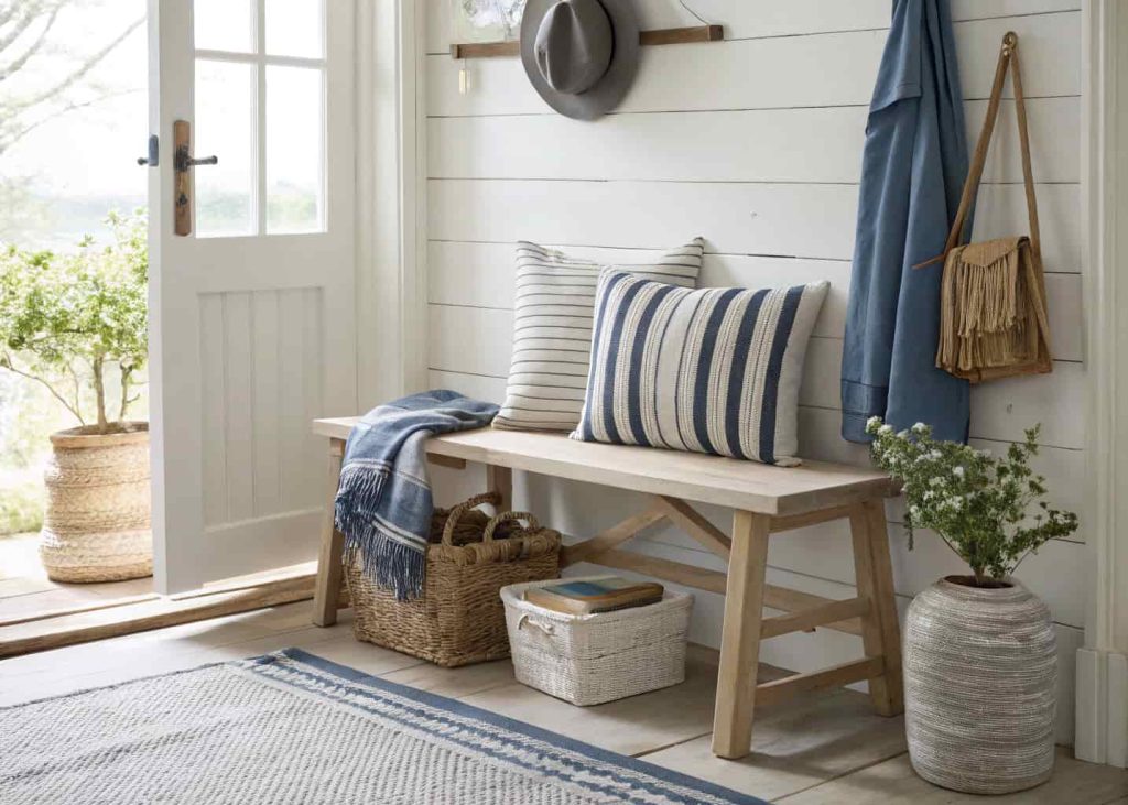 Navy and white striped washed cotton throw pillow on a light wood bench, coastal-style entryway, bright airy room, natural linen texture nearby, casual and fresh lifestyle photography, soft daylight from side window.