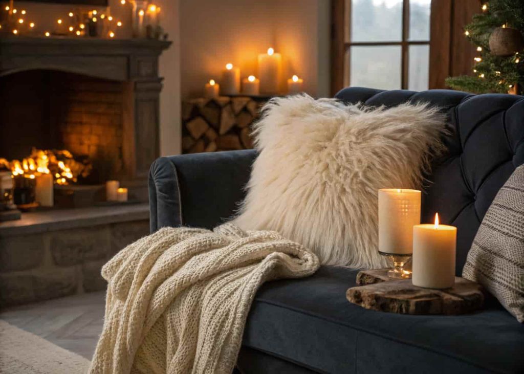 Fluffy cream faux fur throw pillow on a dark gray velvet sofa, cozy winter living room, candles glowing in background, chunky knit blanket draped nearby, warm amber lighting, hygge home atmosphere photography.
