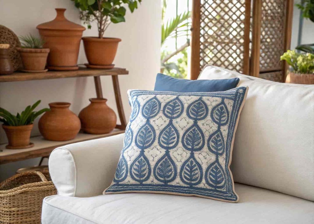 Indigo blue block print cotton throw pillow on a white linen sofa, boho-global style living room, terracotta pots and rattan details in background, warm natural light, artisan home decor photography style.