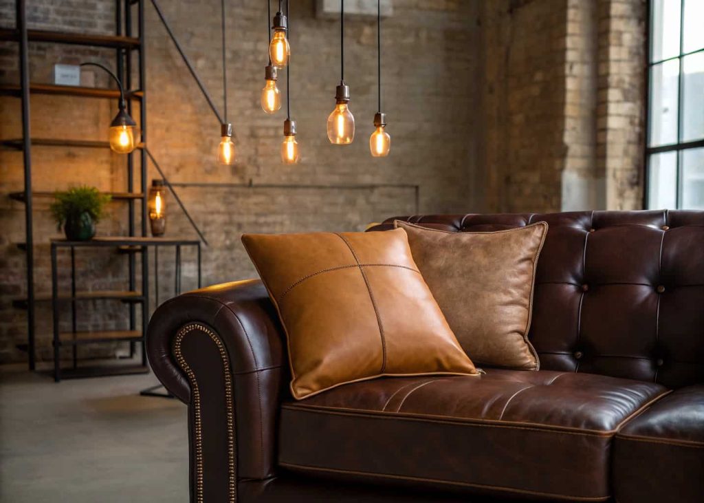 Caramel tan vegan leather throw pillow on a dark walnut leather sofa, industrial modern living room, exposed brick wall in background, warm Edison bulb lighting, sophisticated interior lifestyle photography.
