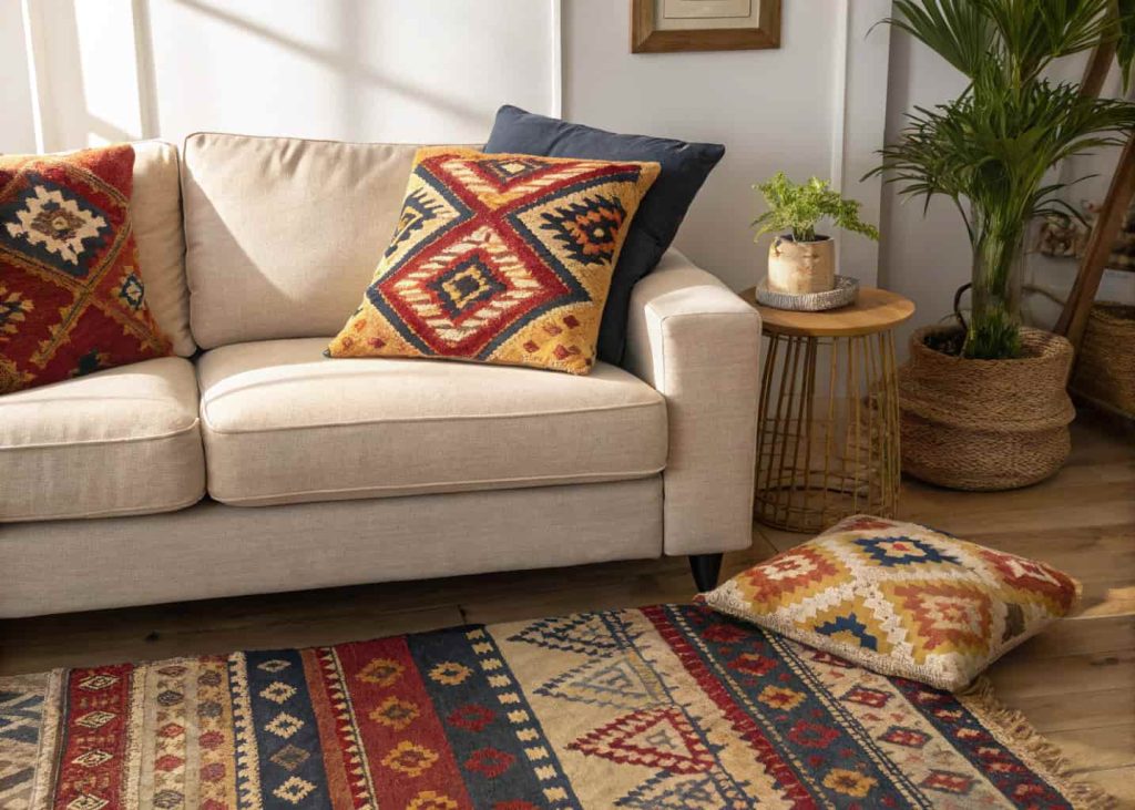 Colorful kilim patterned throw pillow in rust, mustard and navy on a neutral beige sofa, eclectic global living room, layered rugs on wooden floor, warm boho interior, lifestyle photography with natural side lighting.
