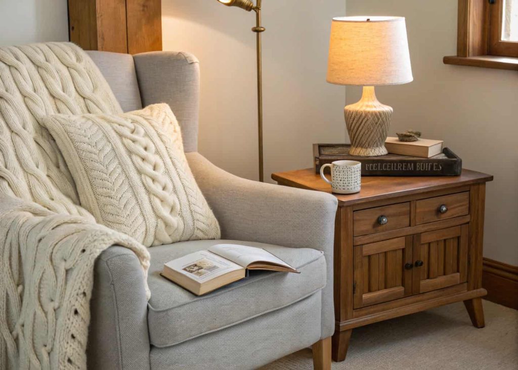 Chunky ivory cable-knit throw pillow on a light gray linen armchair, cozy reading nook with warm lamp light, wooden side table with a book and mug, soft natural textures throughout, warm and inviting home photography.