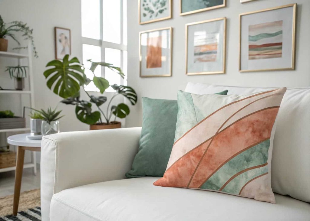  Abstract watercolor art print throw pillow in soft terracotta and sage tones on a white sofa, bright minimalist living room with gallery wall in background, natural daylight, modern artistic interior photography.