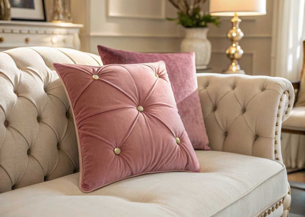  Dusty rose tufted velvet throw pillow with center button detail on a cream sofa, elegant traditional living room, soft warm lighting, feminine refined interior, close-up showing tuft texture and fabric quality, lifestyle photography.